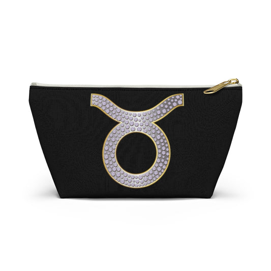 black clutch bag with silver rhinestone taurus zodiac sign symbol with thin gold outline. gold top zipper. black inner lining. strapless handbag for taurus zodiac sign women