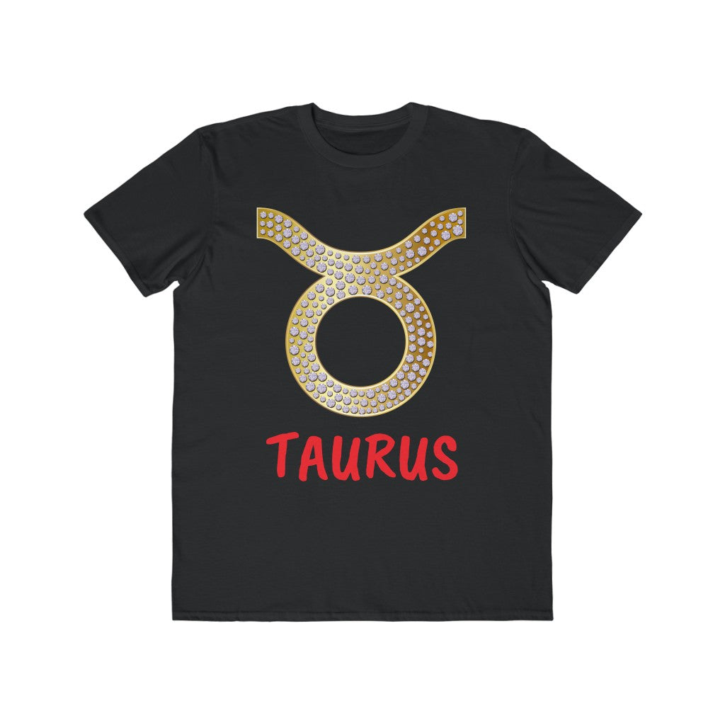Black t-shirt with large gold and rhinestone taurus zodiac sign symbol in center red text in handwriting text that says Taurus, unisex t-shirt with taurus zodiac sign, great git for taurus