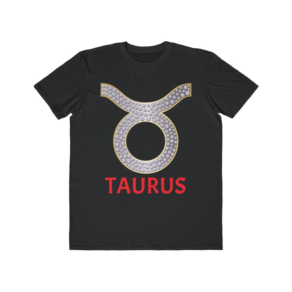Black t-shirt with large silver and rhinestone taurus zodiac sign symbol with thin gold outline in center, red text in handwriting text that says Taurus, unisex t-shirt with taurus zodiac sign, great git for taurus